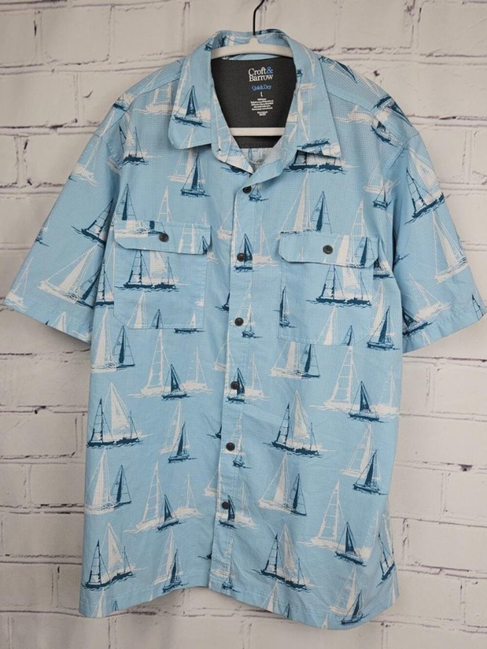 Mens L Quick Dry Light Blue Sailing Print Shirt Button Up Casual Croft & Barrow
